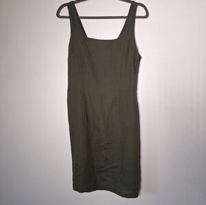 La Redoute Dress Linen Olive Green Square Neck Buttons Size 10